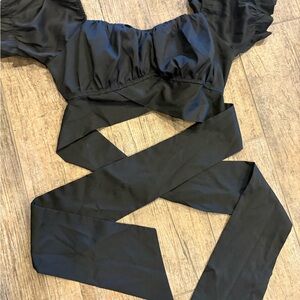 Black Wrap Crop Top with Puff Sleeves